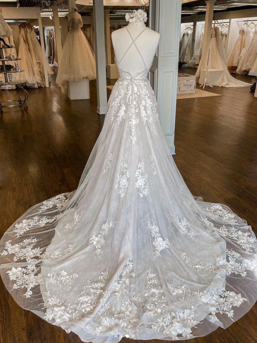 Unique v neck tulle lace long prom dress, lace wedding dress CD24306
