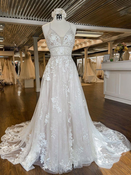 Unique v neck tulle lace long prom dress, lace wedding dress CD24306