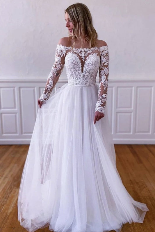 Elegant Long Sleeves White Lace Wedding Dress, White Lace Long Prom Dress, White Formal Evening Dress CD24310