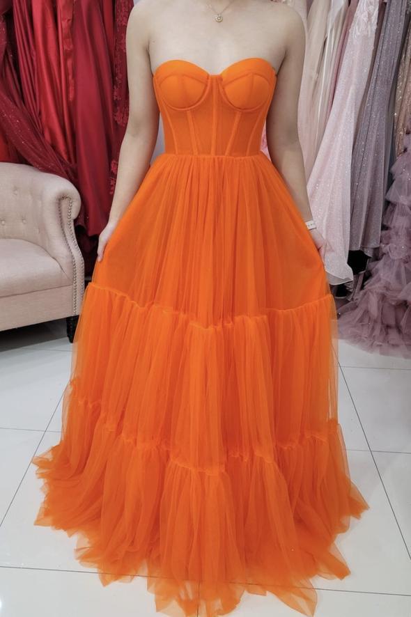 Orange tulle long A line prom dress evening dress CD24323