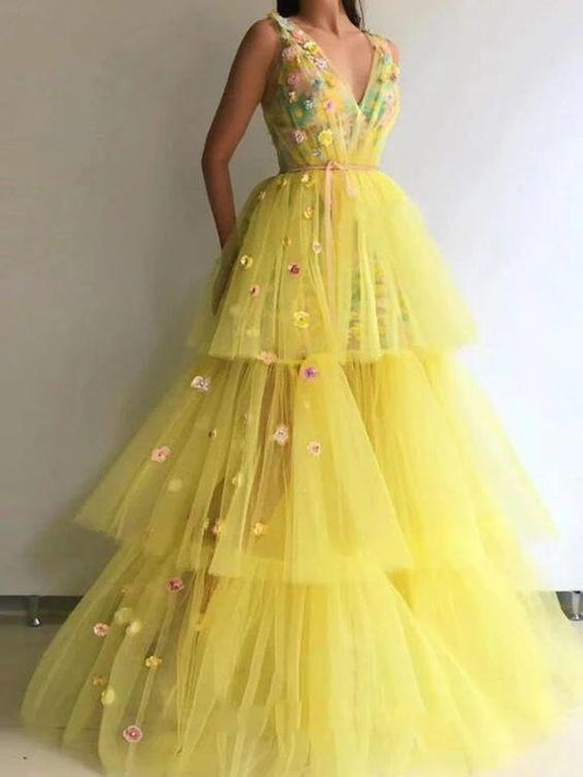 Yellow Tulle Prom Dress V Neck 3D Flower Vintage Evening Dress CD24344