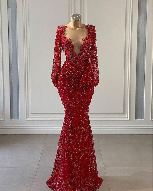 Red Prom Dress long Prom Dresses Long Sleeve Lace Mermaid Evening Gowns CD24348
