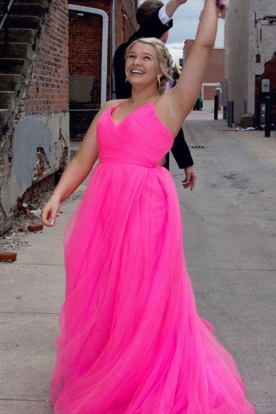 hot pink long formal prom dress with spaghetti straps CD24377