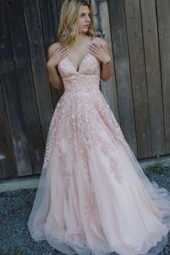 pink lace appliques long formal dress prom dress CD24378