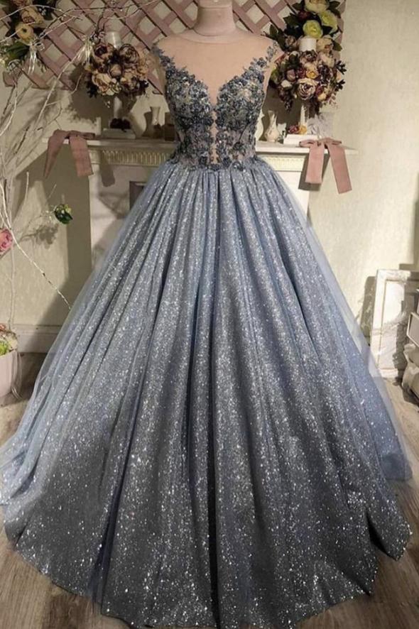 Gray sequins lace long A line prom dress evening dress CD24391