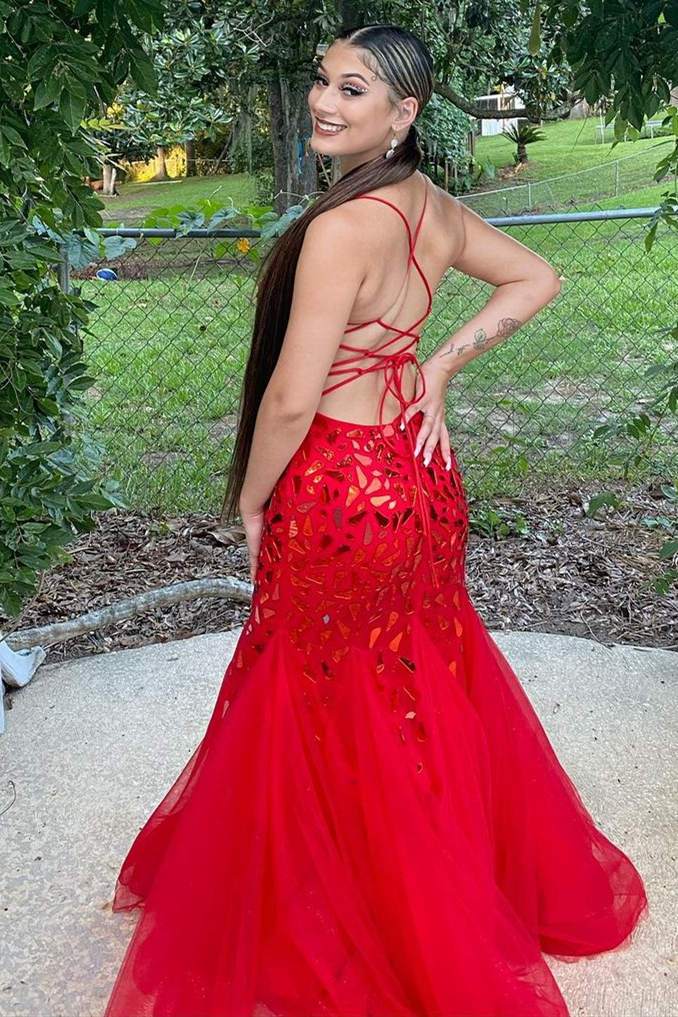 Straps Trumpet Red Sequins Long Prom Dress CD24411