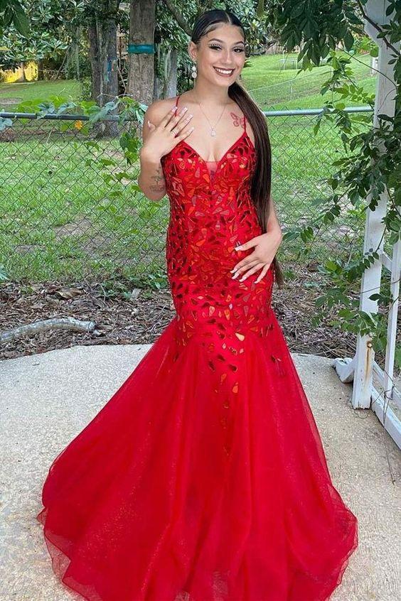Straps Trumpet Red Sequins Long Prom Dress CD24411