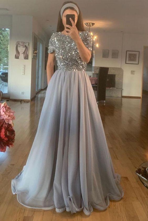 Silver Sequin Top Floor Length Prom Dress CD24431