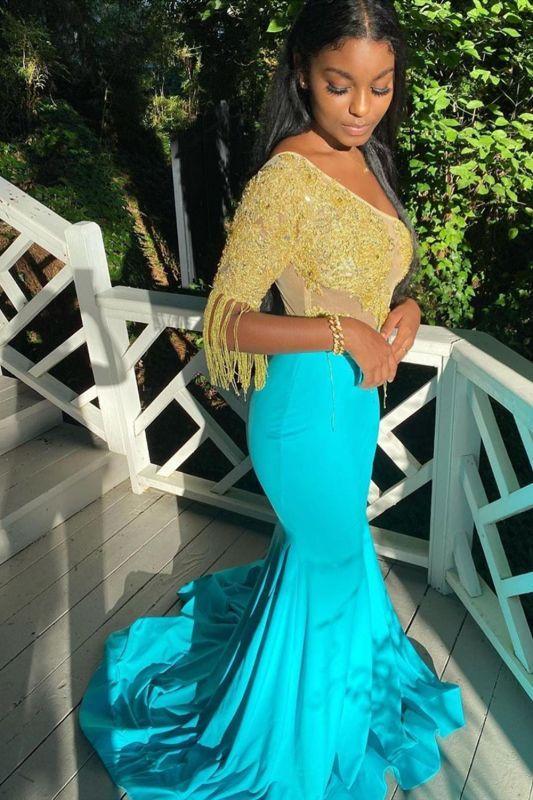 Gorgeous Turquoise Mermaid Prom Dresses With Golden Tassel CD24445