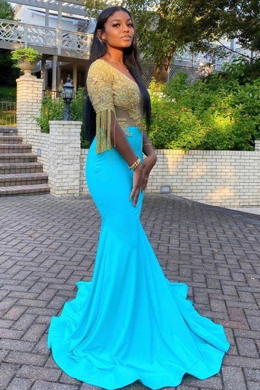 Gorgeous Turquoise Mermaid Prom Dresses With Golden Tassel CD24445