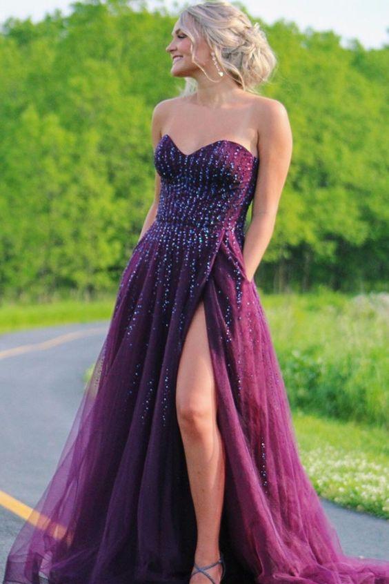Sweetheart A-line Plum Long Prom Dress with Slit CD24462