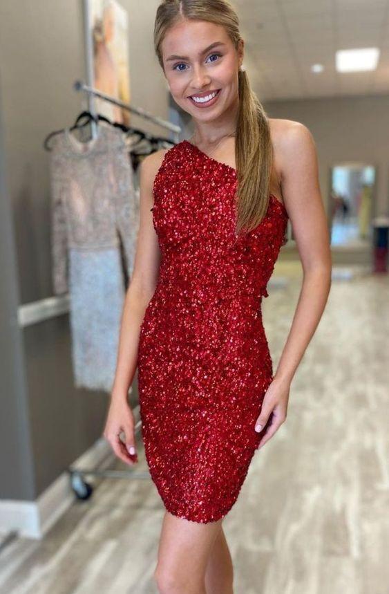 tight red sequins one shoulder party homecoming dress CD24490