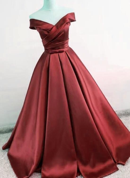 Wine Red Off Shoulder Satin Prom Dresses CD24514