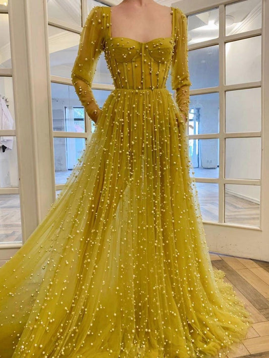 Yellow sweetheart tulle beads long prom dress, yellow evening dress CD24524