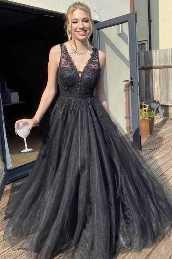 Black lace long A line prom dress evening dress CD24554