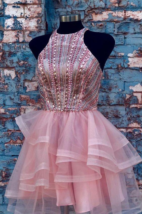beaded halter pink short homecoming dress party dress CD24564