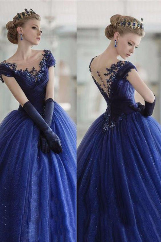 Elegant Ball Gown Bateau Cap Sleeves Long Prom Dress With Appliques CD24568