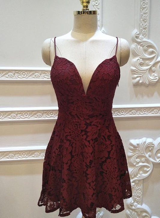 Sexy Lace Straps Mini Party Dress, Short Lace Homecoming Dress CD24584