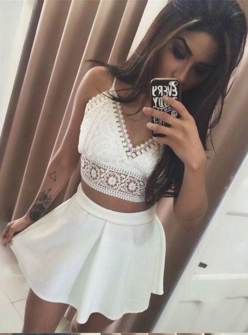 White Two Piece Spaghetti Straps Lace Short Homecoming Dress CD24635