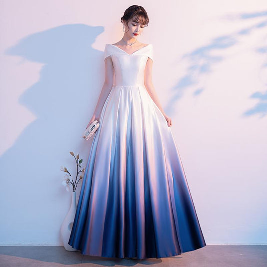 Blue And White Gradient Satin A-Line Bridesmaid Prom Dress, Off Shoulder Long Evening Dress CD24674