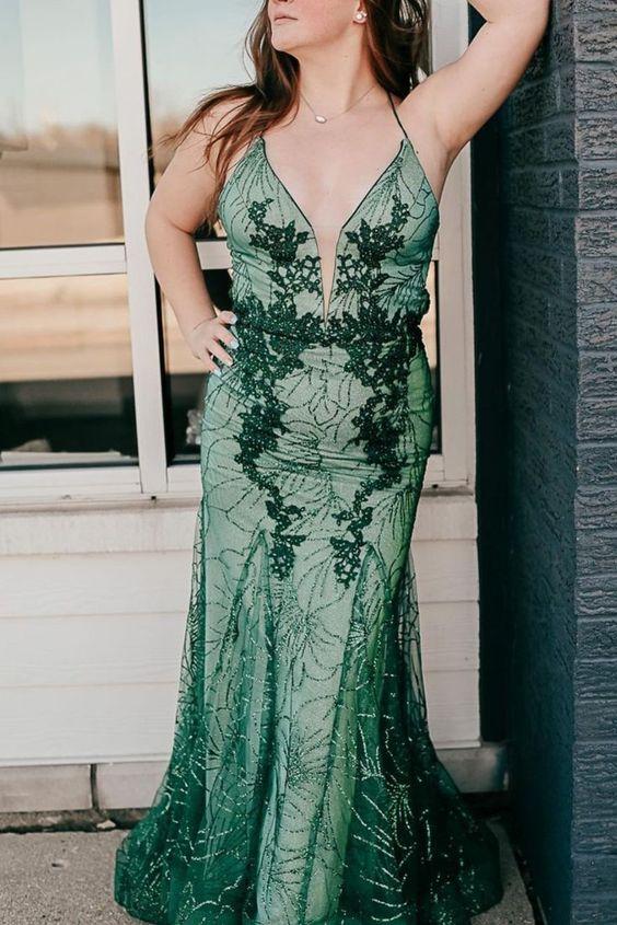 Mermaid Green Appliques Long Formal Dress prom gown CD24739