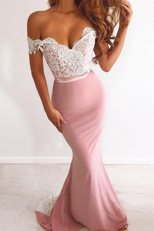 Unique Pink Off the Shoulder Mermaid Lace Long Prom Dresses Cheap Party Dresses CD24795