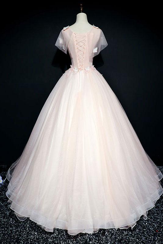 PINK ROUND NECK TULLE LACE LONG PROM DRESS, PINK TULLE FORMAL DRESS CD2491