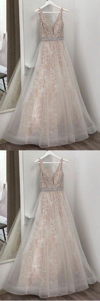 UNIQUE V NECK TULLE BEADS LONG PROM DRESS, CHAMPAGNE EVENING DRESS CD2500
