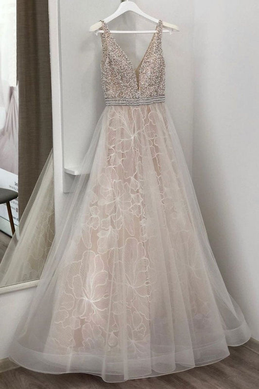 UNIQUE V NECK TULLE BEADS LONG PROM DRESS, CHAMPAGNE EVENING DRESS CD2500