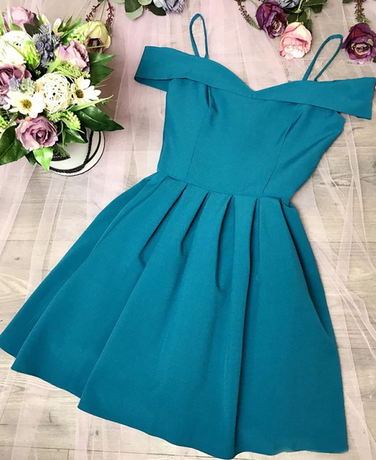 Turquoise Satin Off Shoulder Spaghetti Strap Homecoming Dresses CD2510