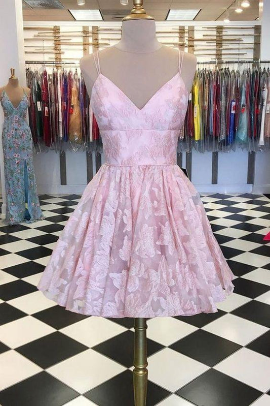 Pink v neck lace short dress, pink lace homecoming dress CD2551