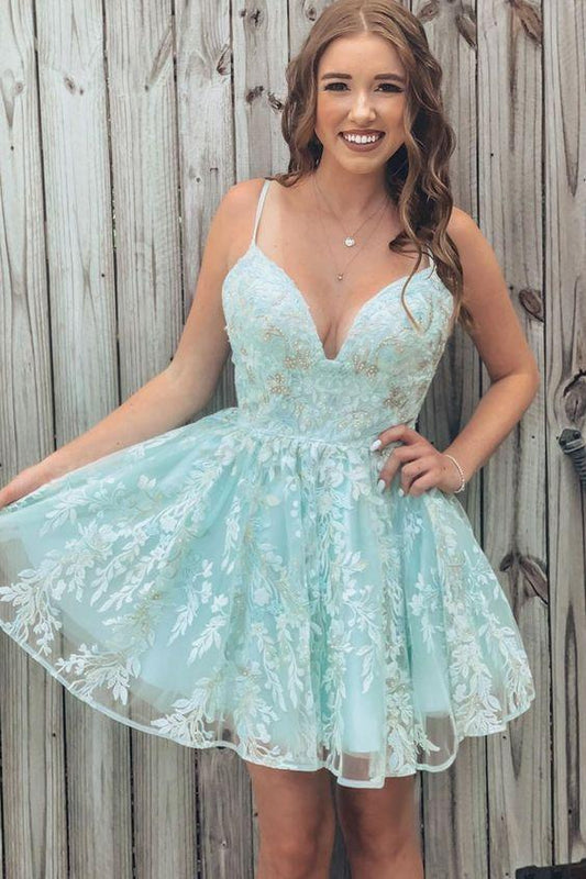 Princess Mint Green Lace Homecoming Dresses, Short Homecoming Dresses with Straps CD2552