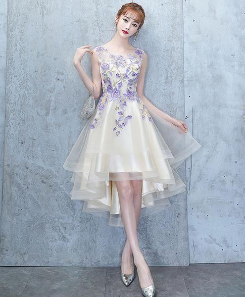 light champagne tulle lace short dress, lace homecoming dress CD2559
