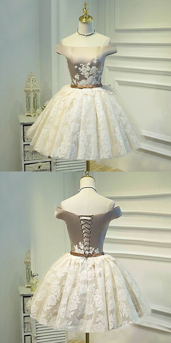 Ball Gown Off Shoulder Short Ivory Lace Homecoming Dress with Appliques CD261