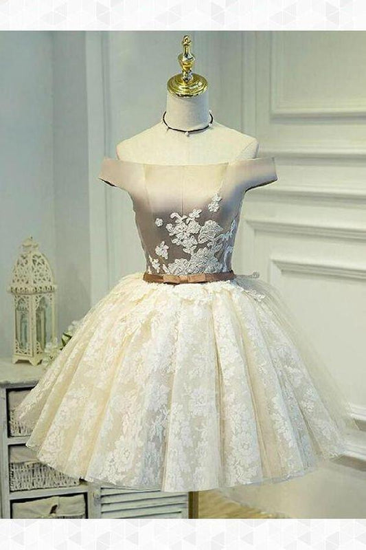 Ball Gown Off Shoulder Short Ivory Lace Homecoming Dress with Appliques CD261