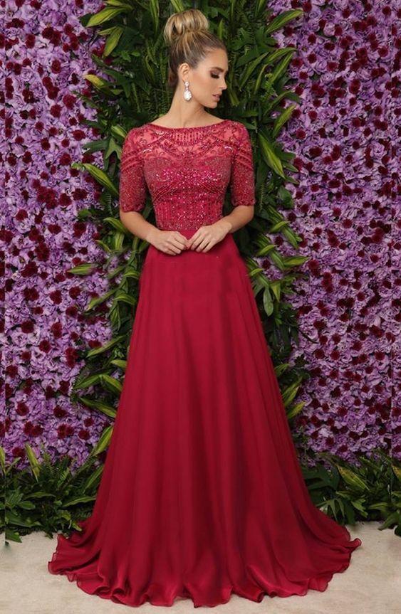a line half sleeves burgundy prom dress, charming prom dress with beaded CD2641