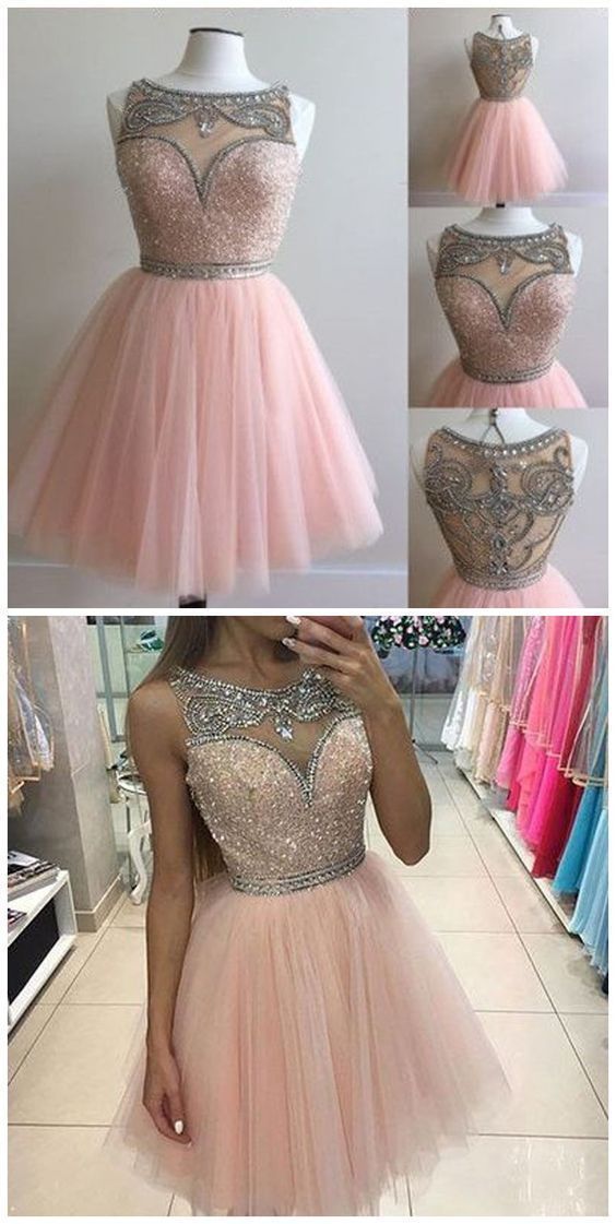 Pink homecoming dress, round neck homecoming dress, beading homecoming dress, short homecoming dress CD266