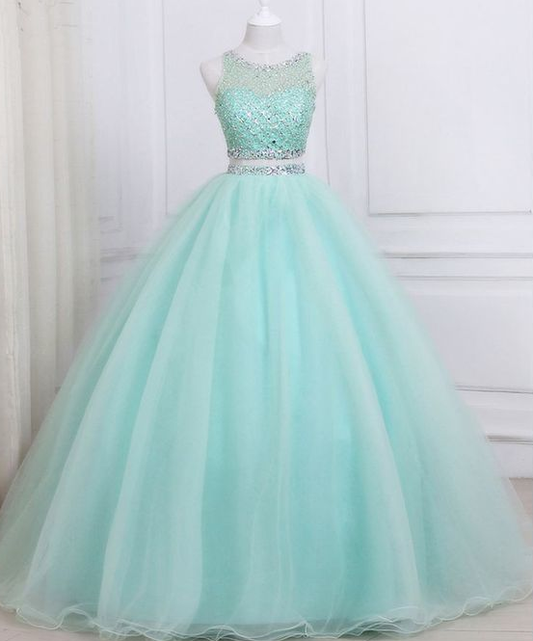 New Arrival Green Tulle Two Piece Prom Dress with Crystal CD2671