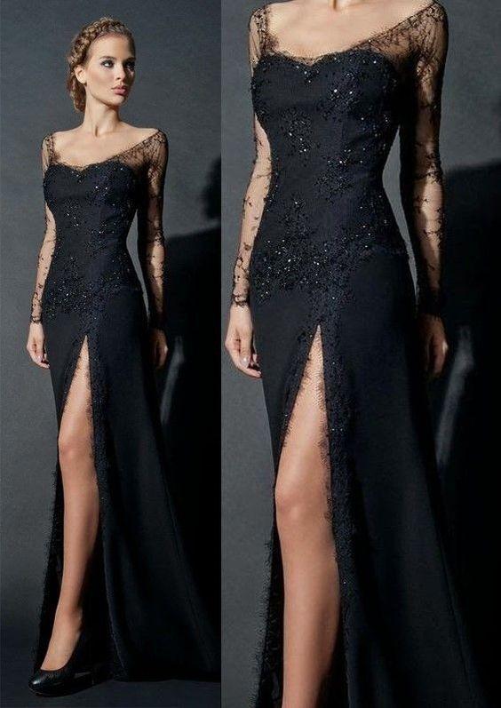 Black Elegnt Sheath Evening Dress, Long Sleeve Evening Dress, Elegant prom Dress CD2704