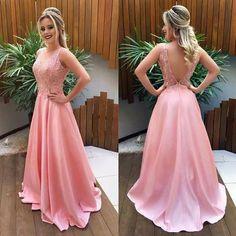 V Back Pink Prom Dress with Lace Bodice CD2709