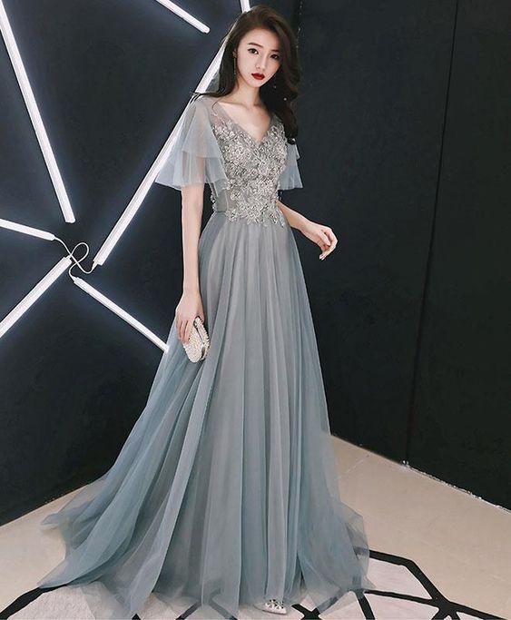 Gray v neck Cap sleeve tulle lace long prom dress, evening dress CD2712