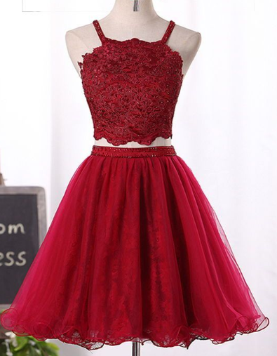 Wine Red Two Piece Tulle and Lace Homecoming Dress, Lovely Party Dresses 2024 CD2713
