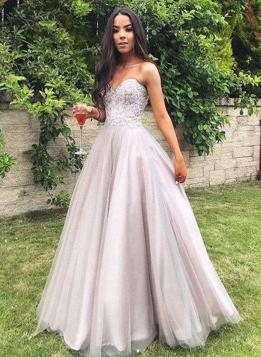 Gray Long Prom Dresses Sweetheart Evening Dress with Beading CD2806