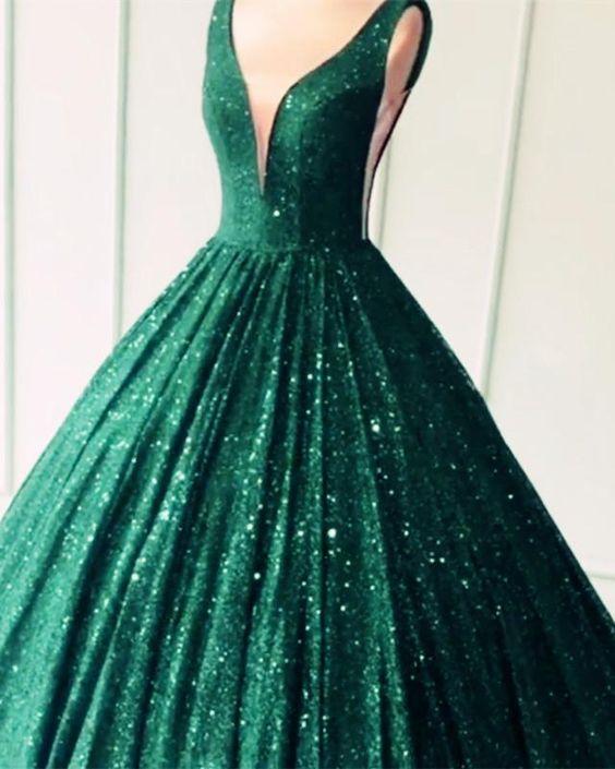 Sequins Ball Gown Prom Dresses Plunge Neck CD2827