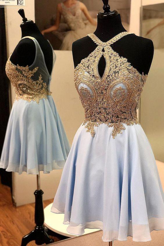 A-line Blue and Gold Short Homecoming Dresses CD2839