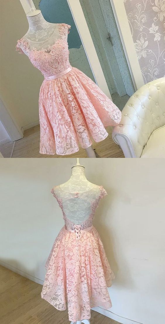 High Low Scoop Open Back Pearl Pink Lace Homecoming dress CD2847