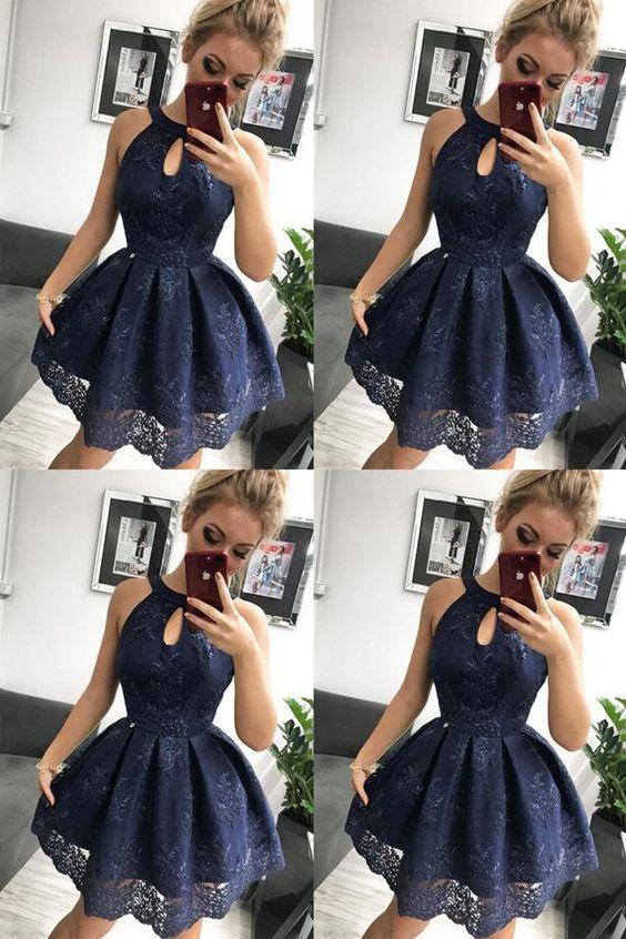 Navy Blue Lace Homecoming Dress, Simple Sleeveless Short Party Dresses CD2854