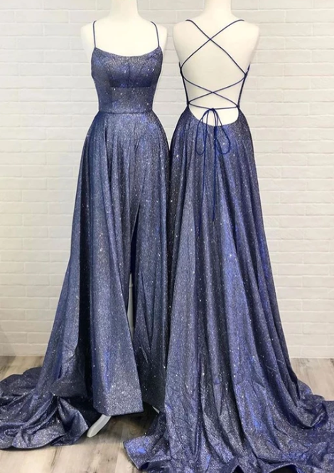Blue satin long prom dress, blue evening dress CD2868