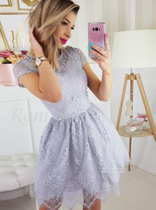 A-Line Crew Short Sleeves Above-Knee Lavender Lace Homecoming Party Dress CD2881
