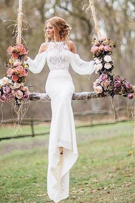 Unique Design Lace Top Long Sleeves Mermaid Long Wedding prom Dress CD2904